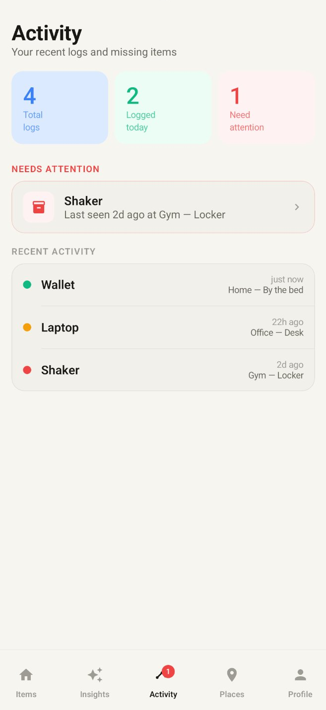 Memora activity screen showing recent logs and items needing attention